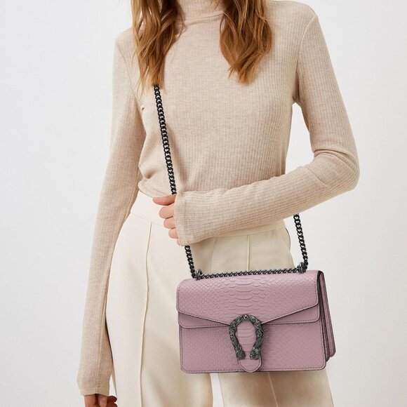 ⚡ Women's Light Pink Snake Vegan Leather Print Casual Satchel Crossbody Handbag - Picture 3 of 7